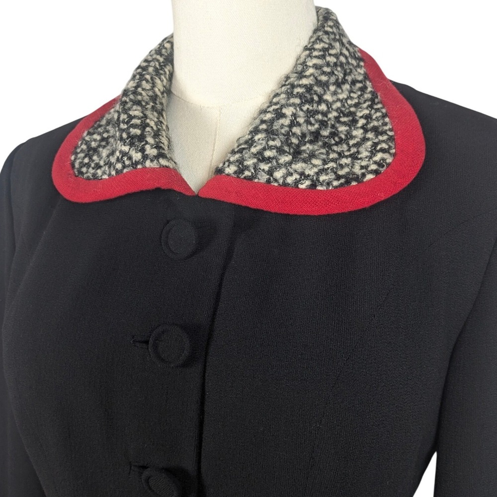 Vintage 1940s Red Trim Tweed Wool Blazer Fitted Nipped Waist Jacket - Picture 4 of 6